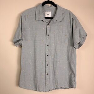 Katin Mens Leo Button Up Short Sleeve Shirt Light Blue Cotton Linen Embroider XL